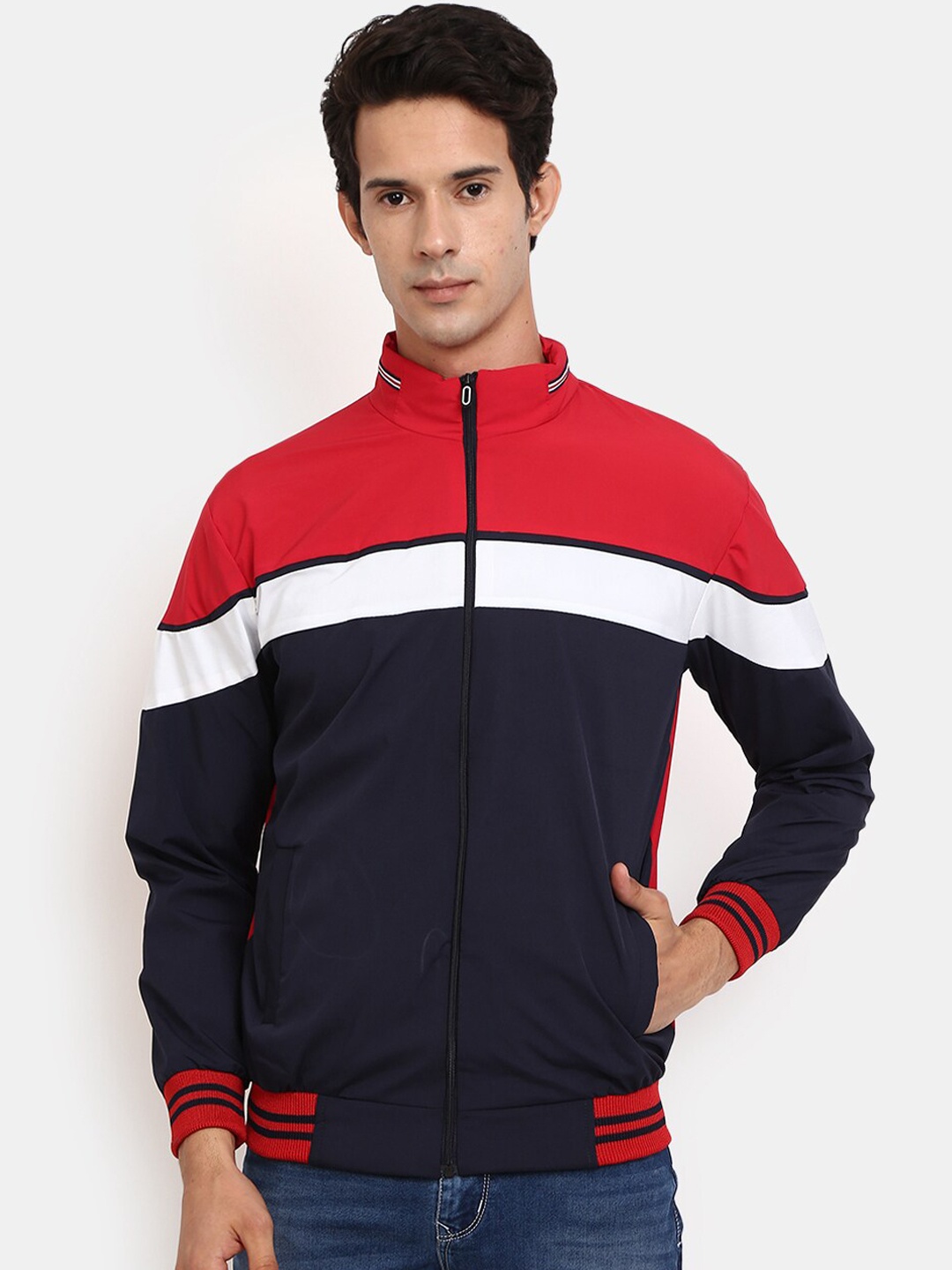 

V-Mart Men Navy Blue Red Colourblocked Outdoor Bomber Jacket