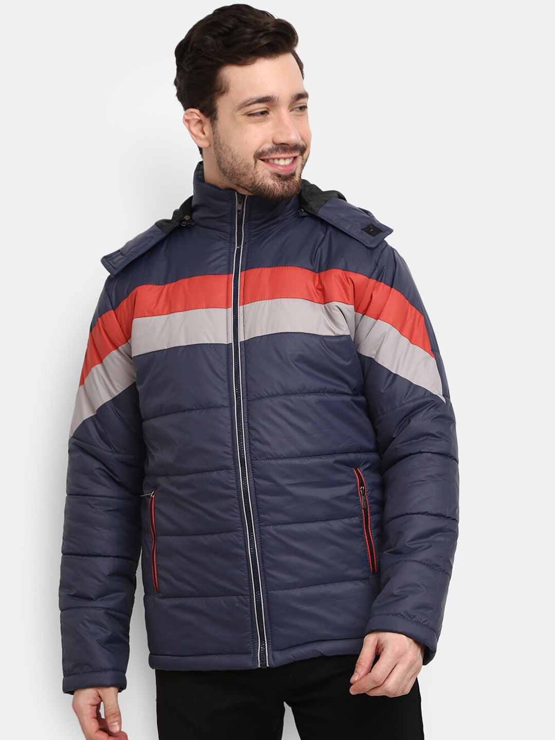 

V-Mart Men Navy Blue & Red Colourblocked Outdoor Padded Jacket
