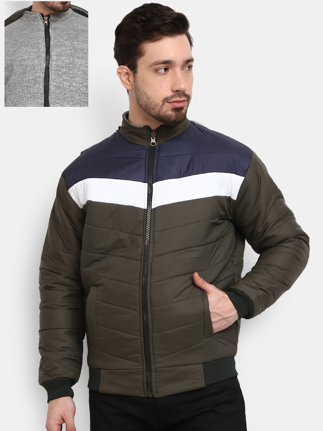 

V-Mart Men Colourblocked Reversible Outdoor Bomber Jacket, Olive