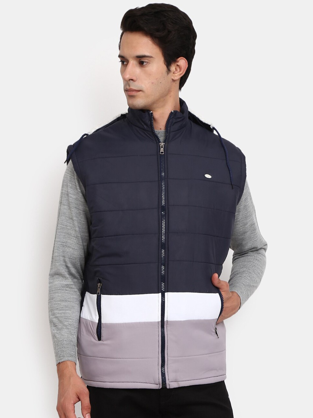 

V-Mart Men Navy Blue Grey Colourblocked Outdoor Padded Jacket
