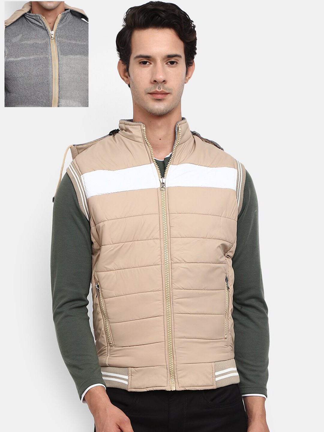 

V-Mart Men Beige& Grey Colourblocked Reversible Outdoor Padded Jacket