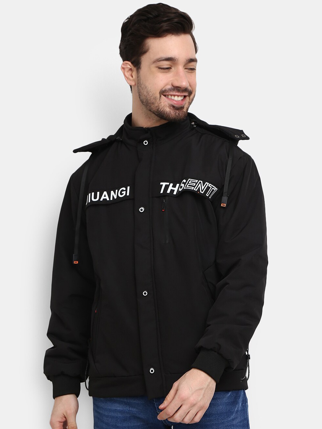 

V-Mart Men Black Hooded Outdoor Bomber Jacket