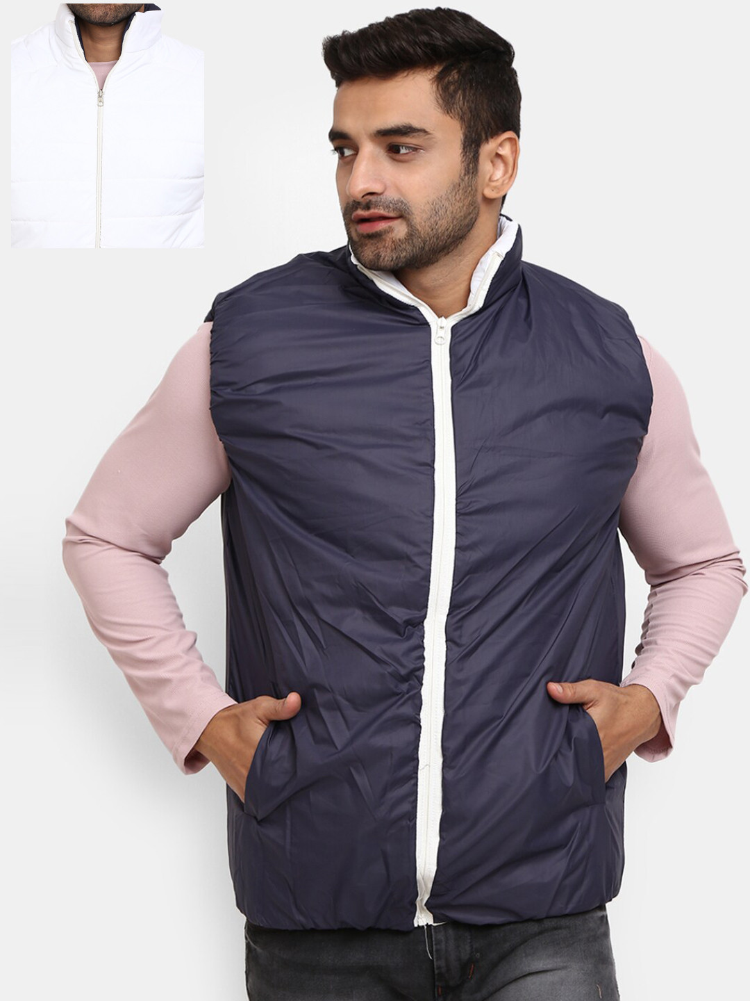 

V-Mart Men White Navy Blue Reversible Outdoor Padded Jacket