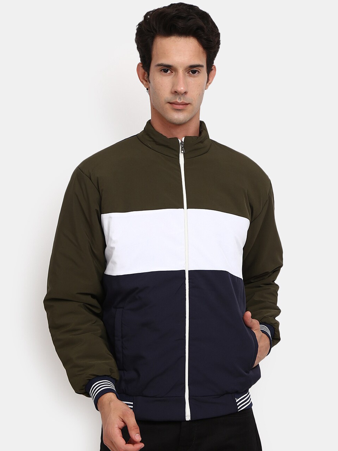 

V-Mart Men Navy Blue Olive Green Colourblocked Outdoor Jacket