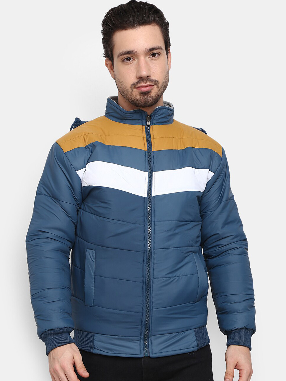 

V-Mart Men Teal Blue Colourblocked Outdoor Bomber Jacket