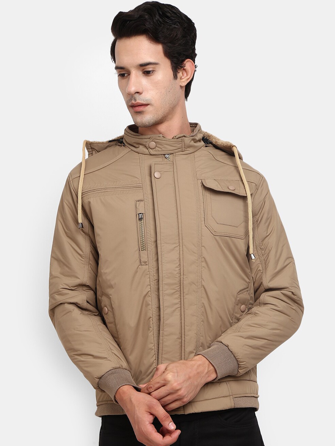 

V-Mart Men Beige Hooded Outdoor Bomber Jacket