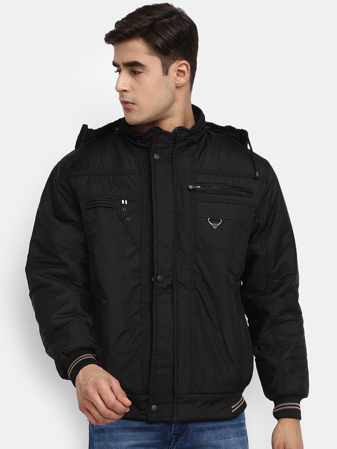 

V-Mart Men Black Hooded Outdoor Bomber Jacket