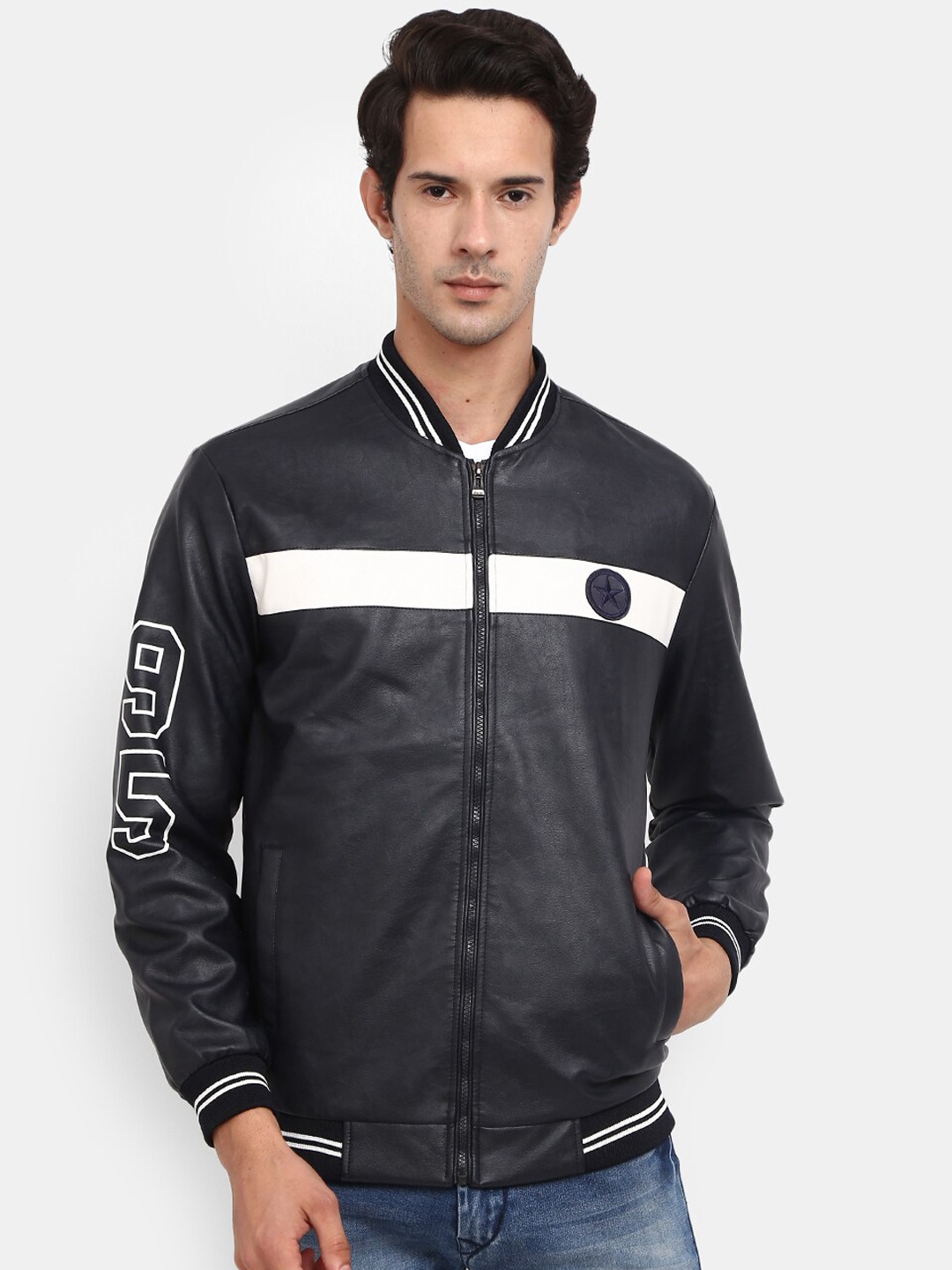

V-Mart Men Navy Blue Colourblocked Outdoor Bomber Jacket