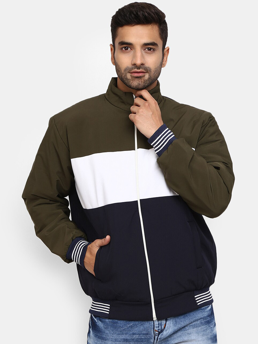 

V-Mart Men Navy Blue Olive Green Colourblocked Outdoor Bomber Jacket