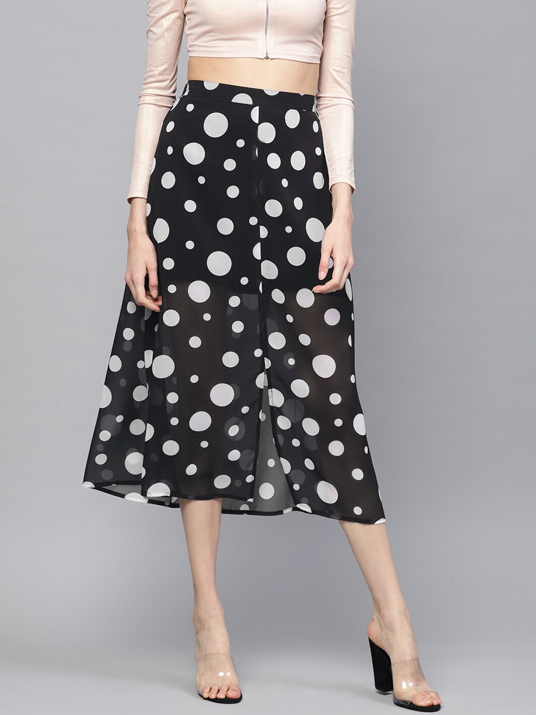 

DIVA WALK EXCLUSIVE Black & White Polka Dot Printed Midi A-Line Skirt