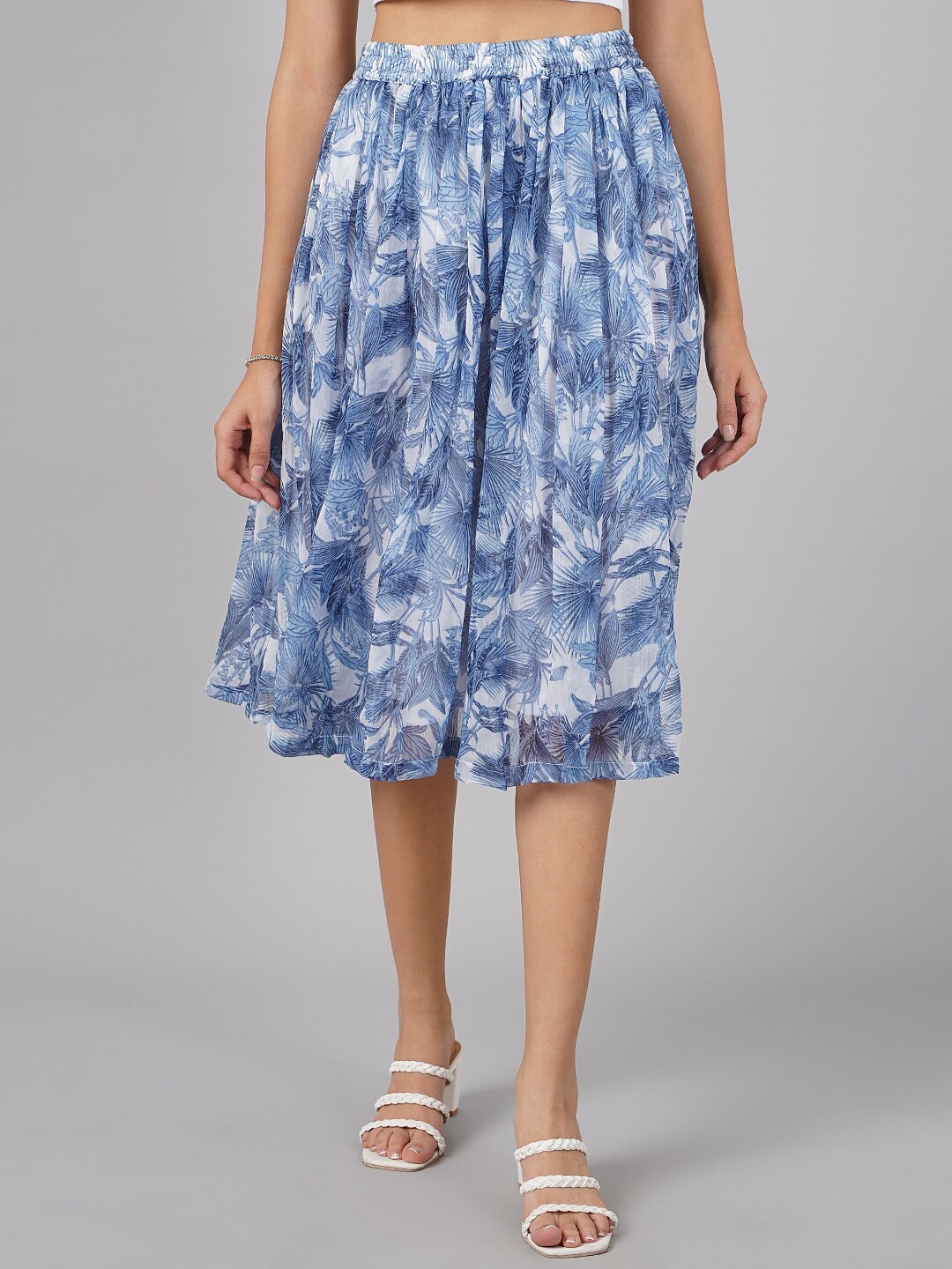 

DIVA WALK EXCLUSIVE Blue & White Printed Knee Length Flared Skirt