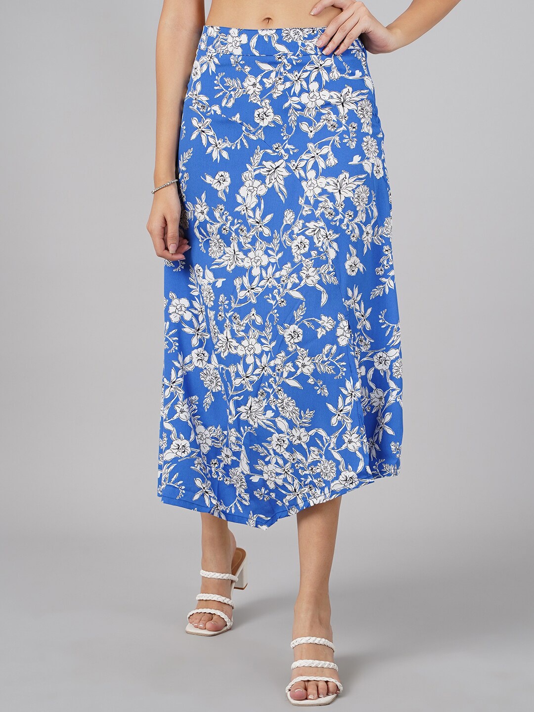 

DIVA WALK EXCLUSIVE Women Blue And White Floral Printed A-Line Skirt
