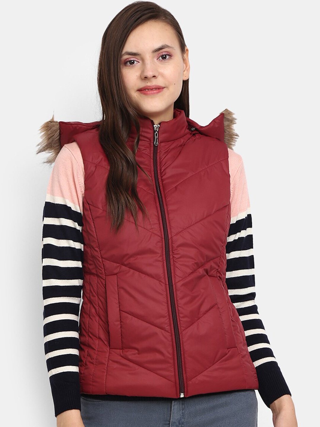 

V-Mart Women Marron Faux Fur Trim Padded Jacket, Maroon