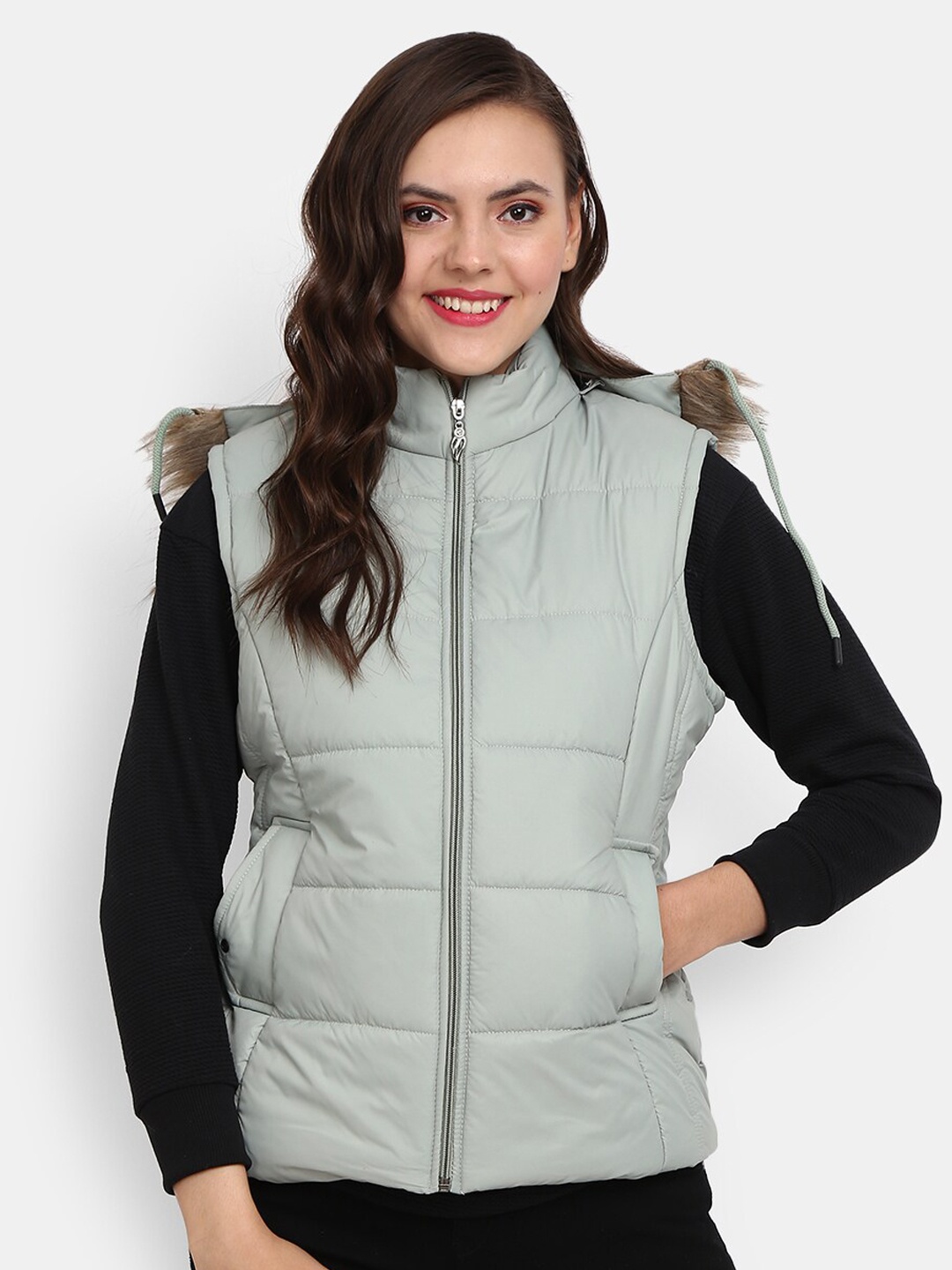 

V-Mart Women Green Faux Fur Trim Padded Jacket