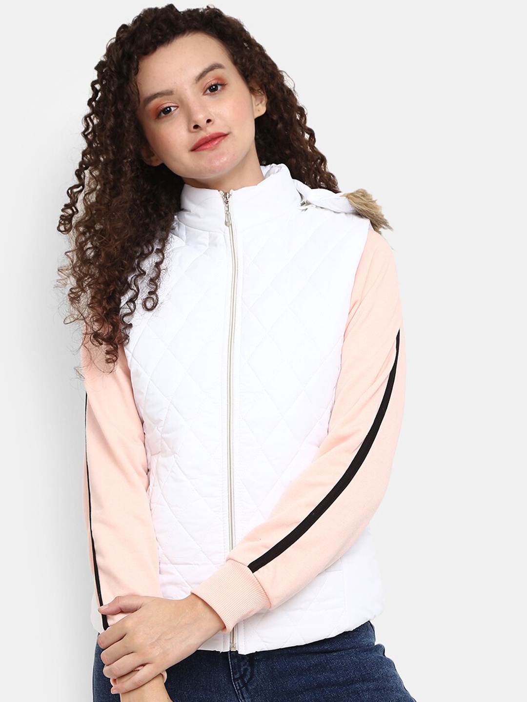 

V-Mart Women White Faux Fur Trim Quilted Jacket
