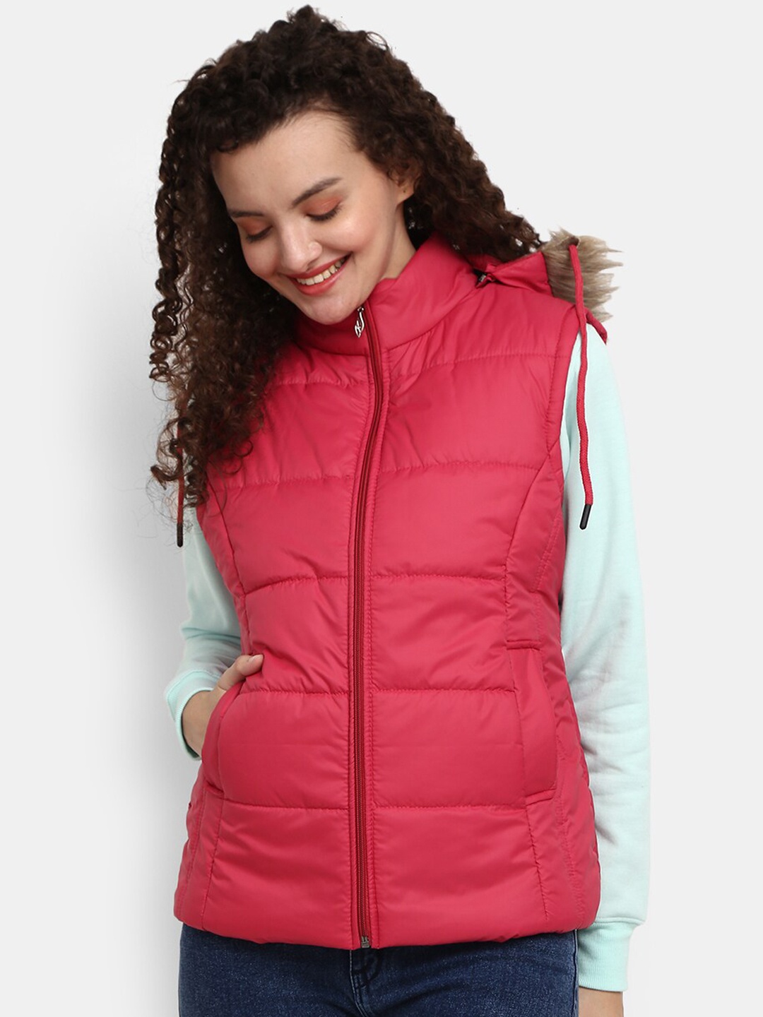 

V-Mart Women Fuchsia Faux Fur Trim Quilted Jacket