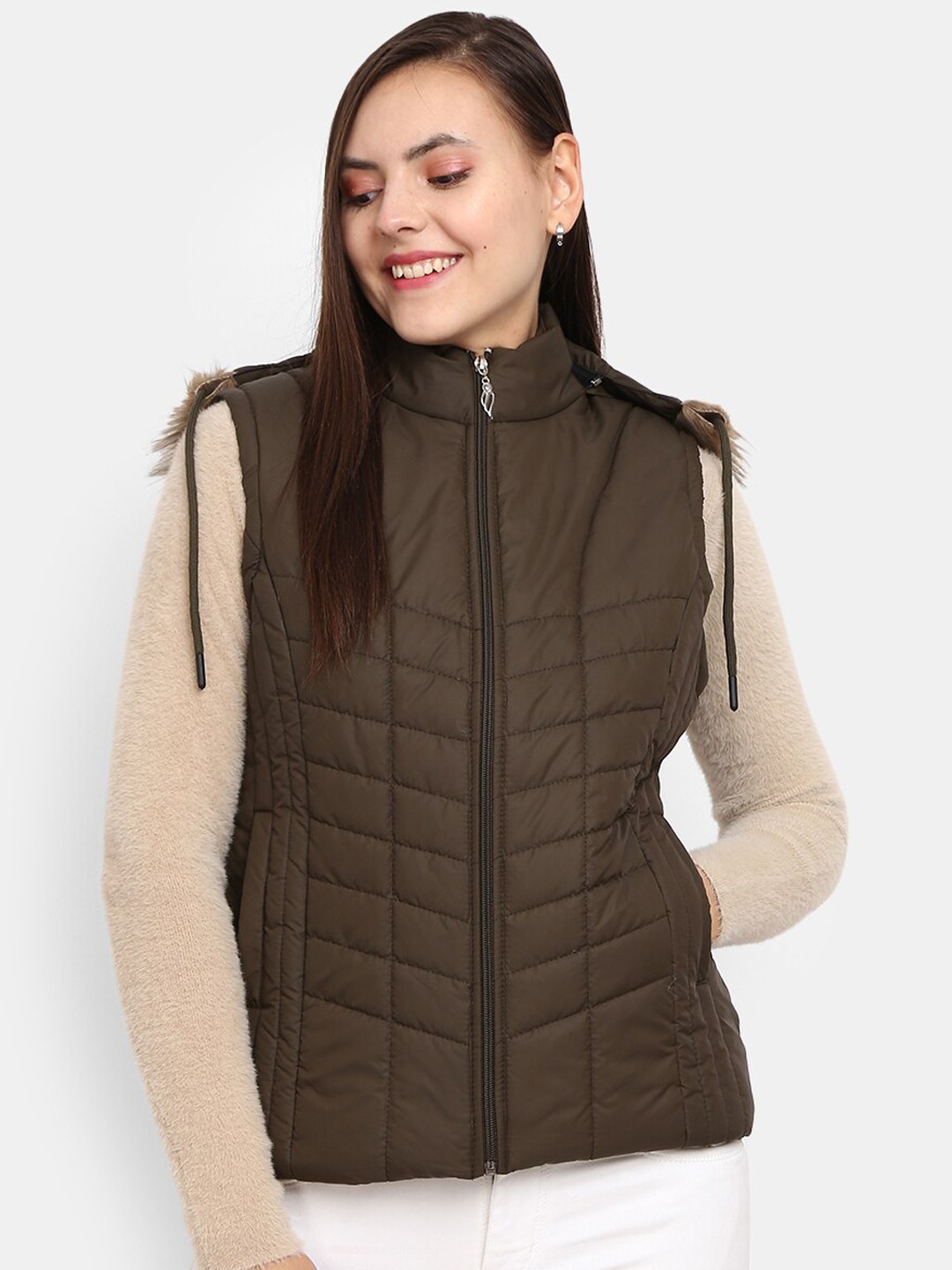 

V-Mart Women Olive Green Faux Fur Trim Puffer Jacket