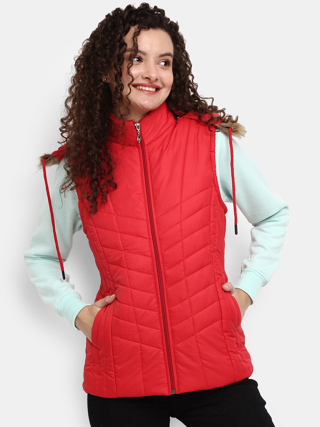 

V-Mart Women Red Faux Fur Trim Puffer Jacket