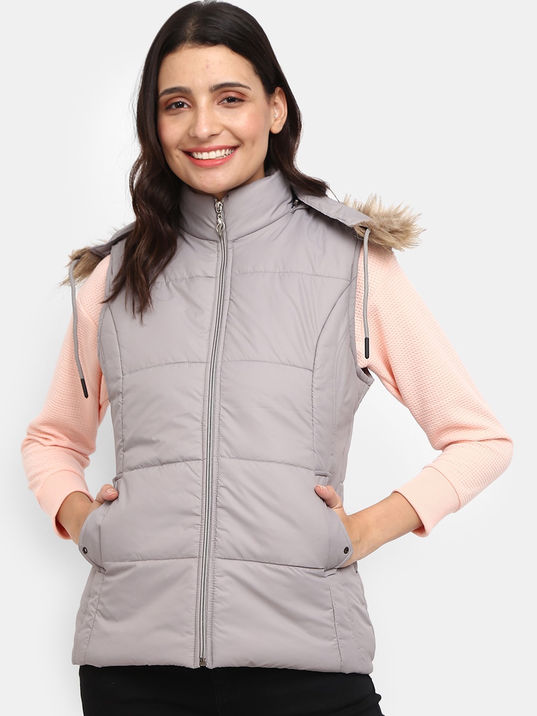 

V-Mart Women Grey Faux Fur Trim Padded Jacket
