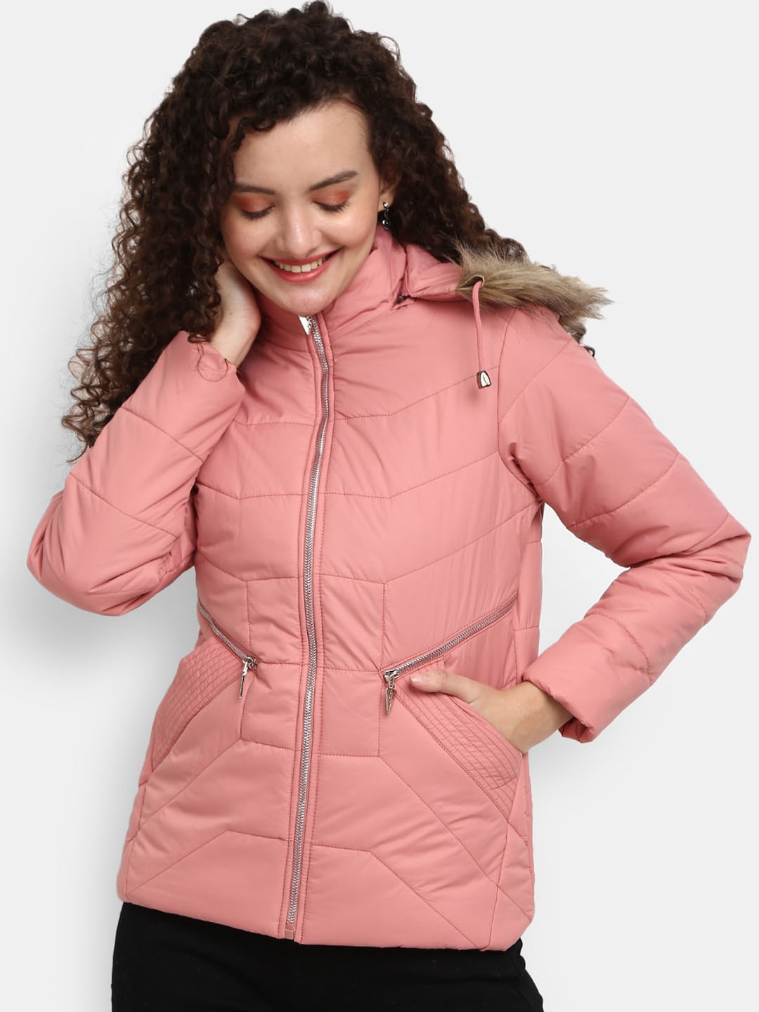 

V-Mart Women Pink Faux Fur Trim Padded Jacket