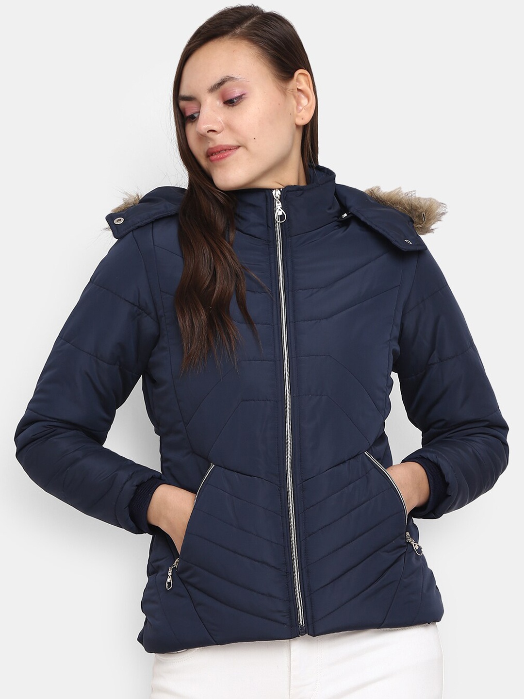 

V-Mart Women Blue Faux Fur Trim Puffer Jacket