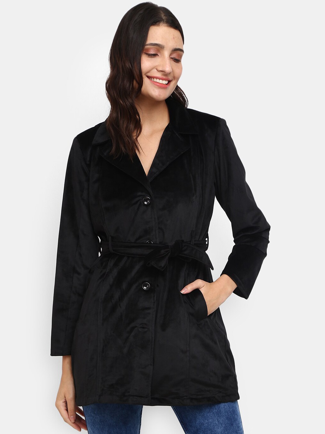 

V-Mart Women Black Velvet Tailored Jacket