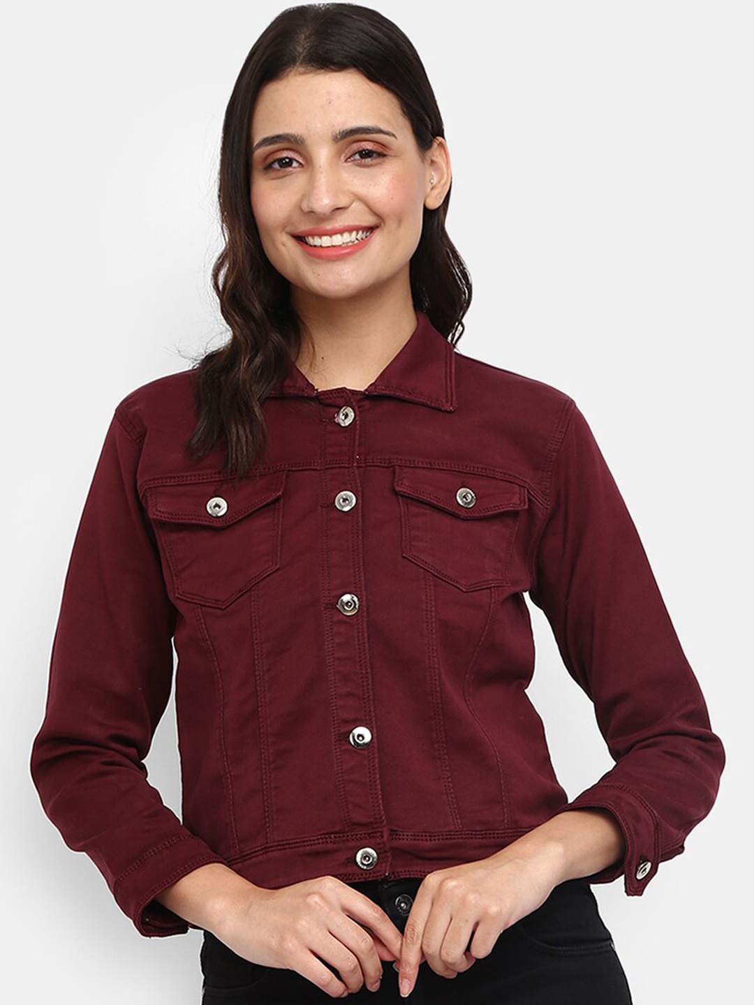 V-Mart Women Marron Cotton Denim Jacket, Red