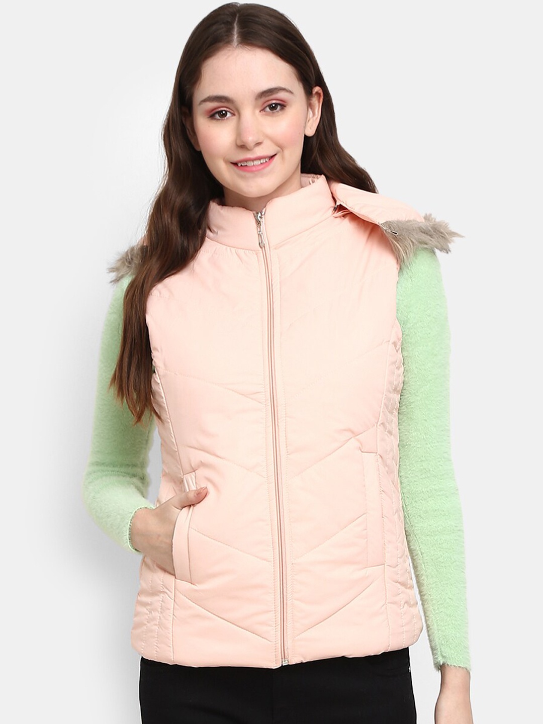 

V-Mart Women Pink Faux Fur Trim Padded Jacket