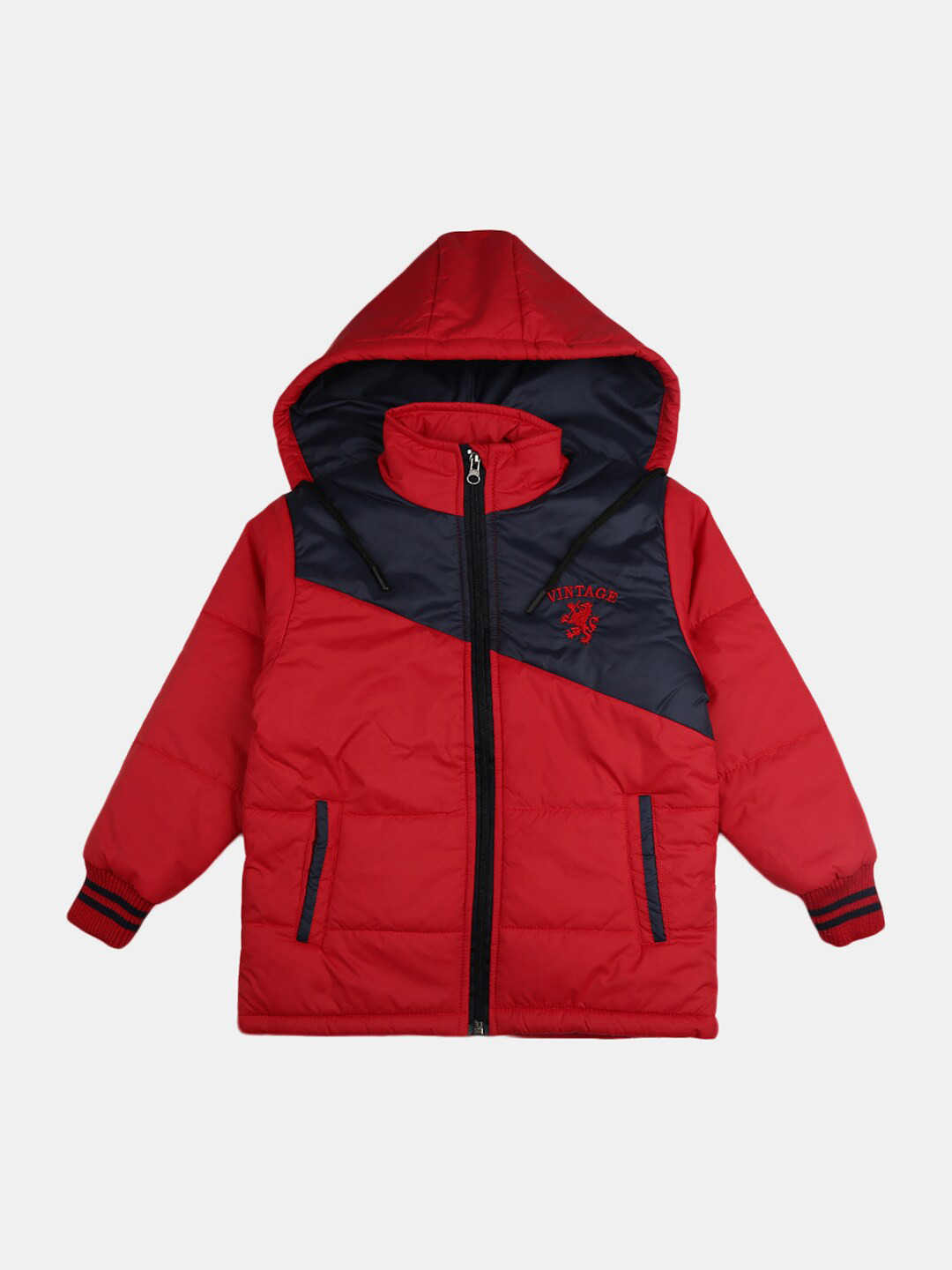 

V-Mart Boys Red & Navy Blue Colourblocked Hooded Padded Jacket