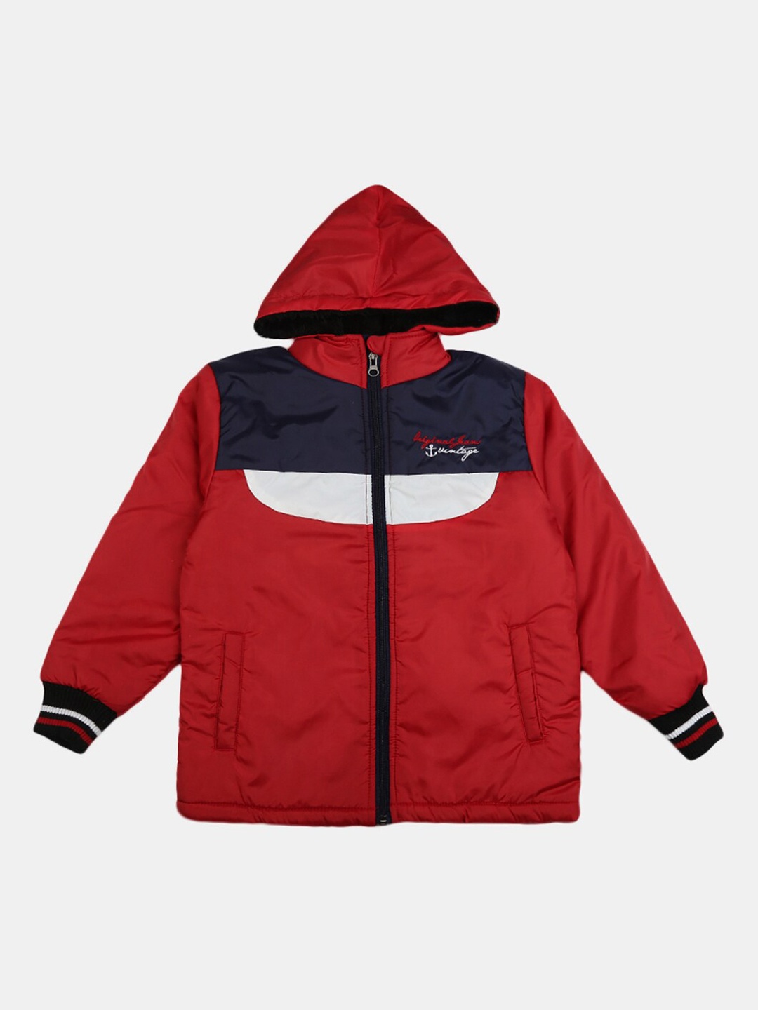 

V-Mart Boys Red & Navy Blue Colourblocked Hooded Bomber Jacket