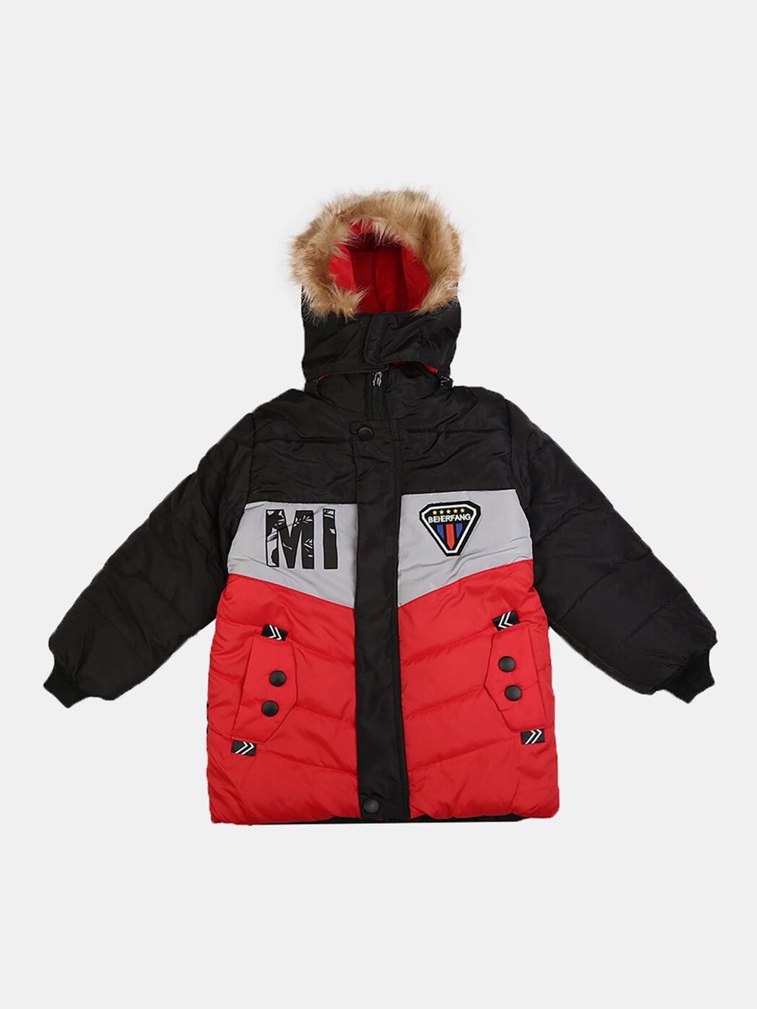 

V-Mart Boys Red & Black Colourblocked Hooded Puffer Jacket