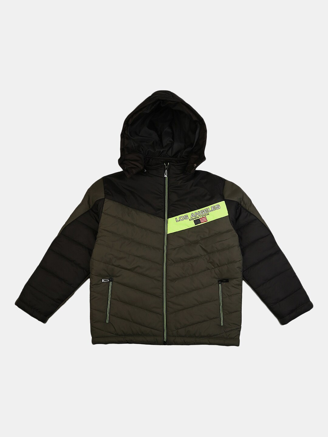 

V-Mart Boys Olive Green & Black Colourblocked Hooded Padded Jacket