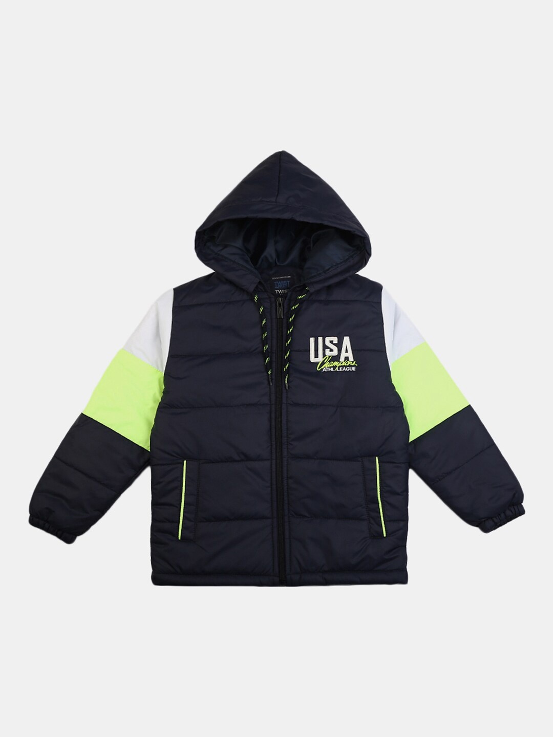 

V-Mart Boys Navy Blue & Fluorescent Green Colourblocked Hooded Padded Jacket
