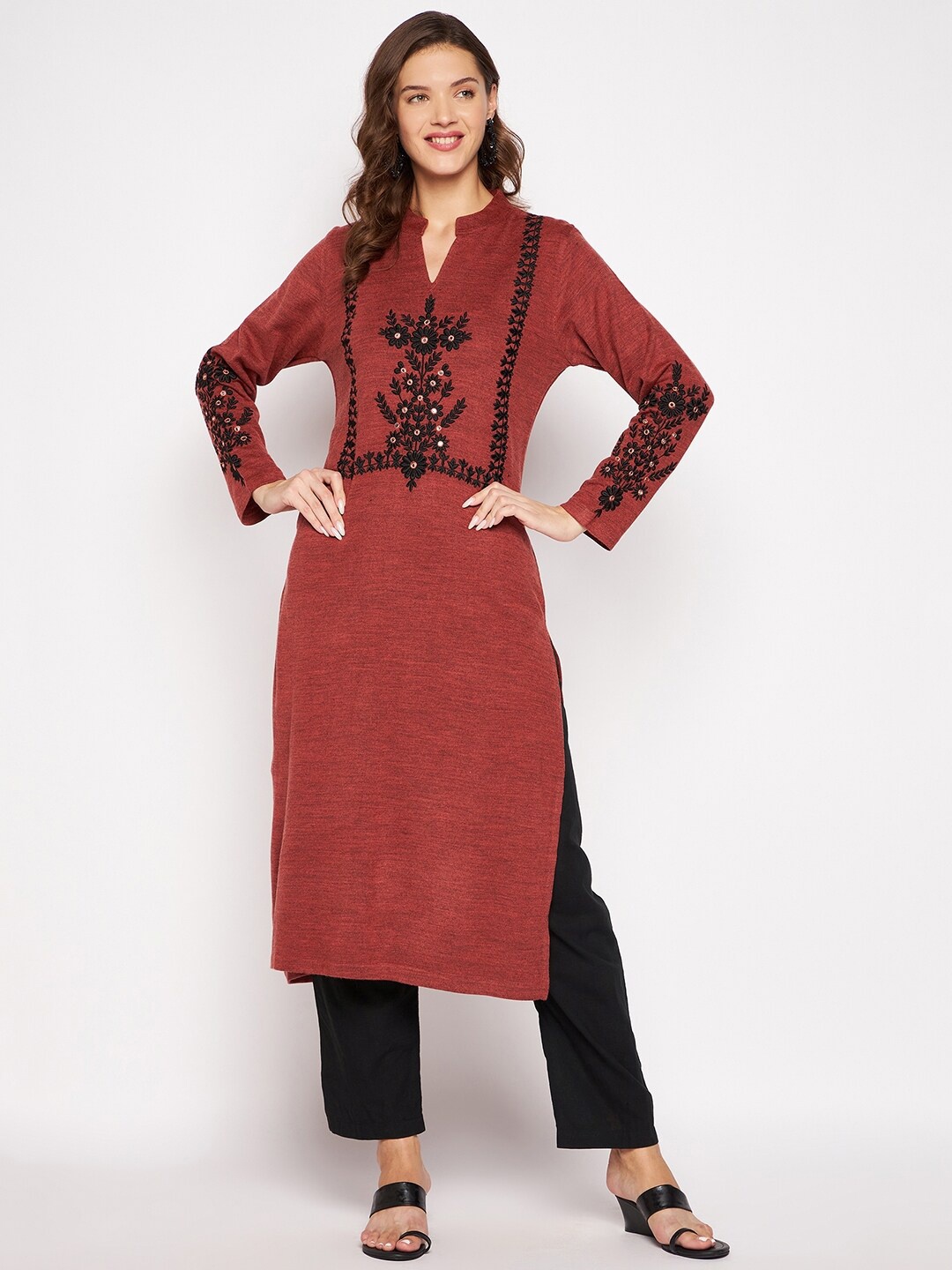 

Zigo Winter Wear Women Rust Floral Embroidered Thread Work Kurta