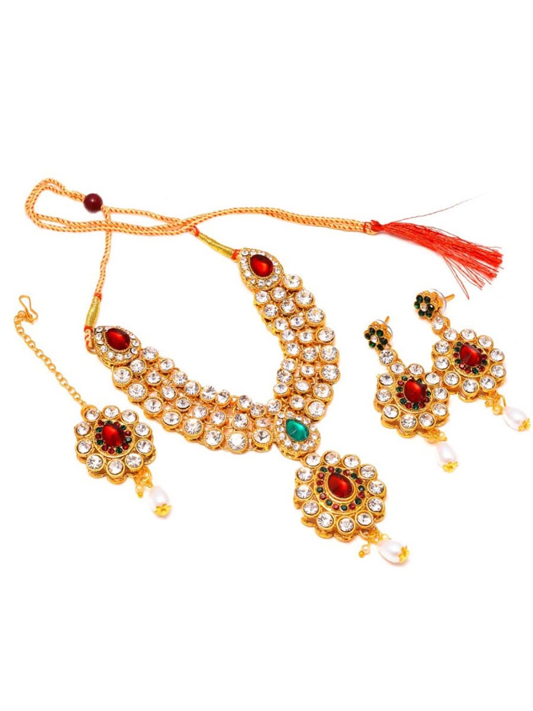 

Jewar Mandi Gold-Plated Red & Green AD Stone Studded Jewellery Set