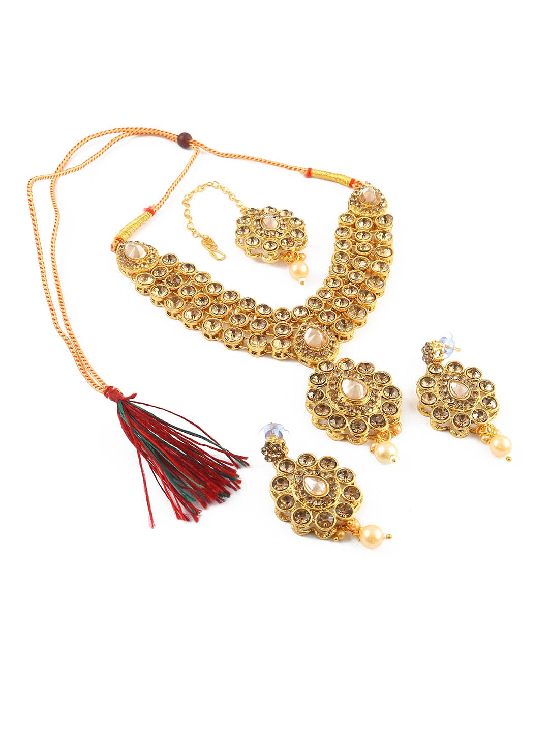 

Jewar Mandi Gold-Plated Gold-Toned AD-Studded & Beaded Jewellery Set