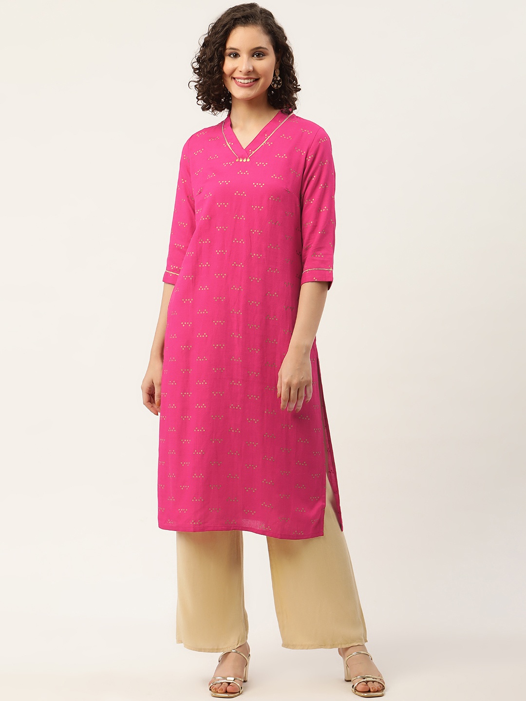 

ZIZO By Namrata Bajaj Women Fuchsia & Gold-Toned Geometric Printed Kurta
