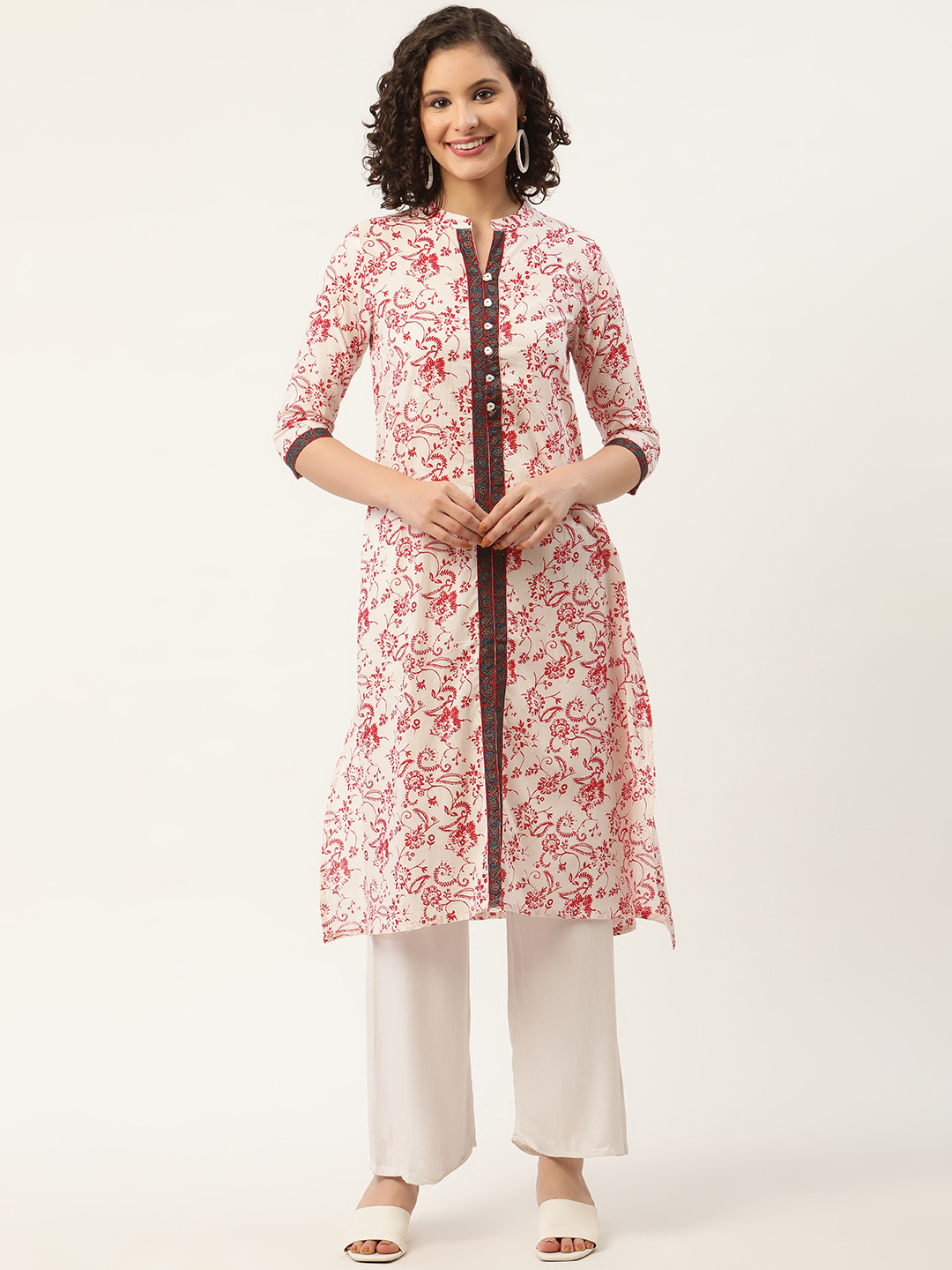 

ZIZO By Namrata Bajaj Women Red & White Floral Printed Mandarin Collar Kurta