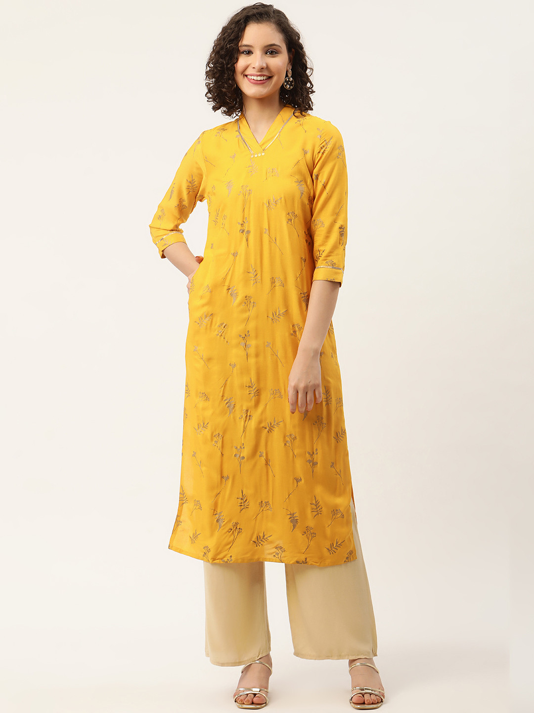 

ZIZO By Namrata Bajaj Women Yellow & Gold-Toned Floral Printed Kurta