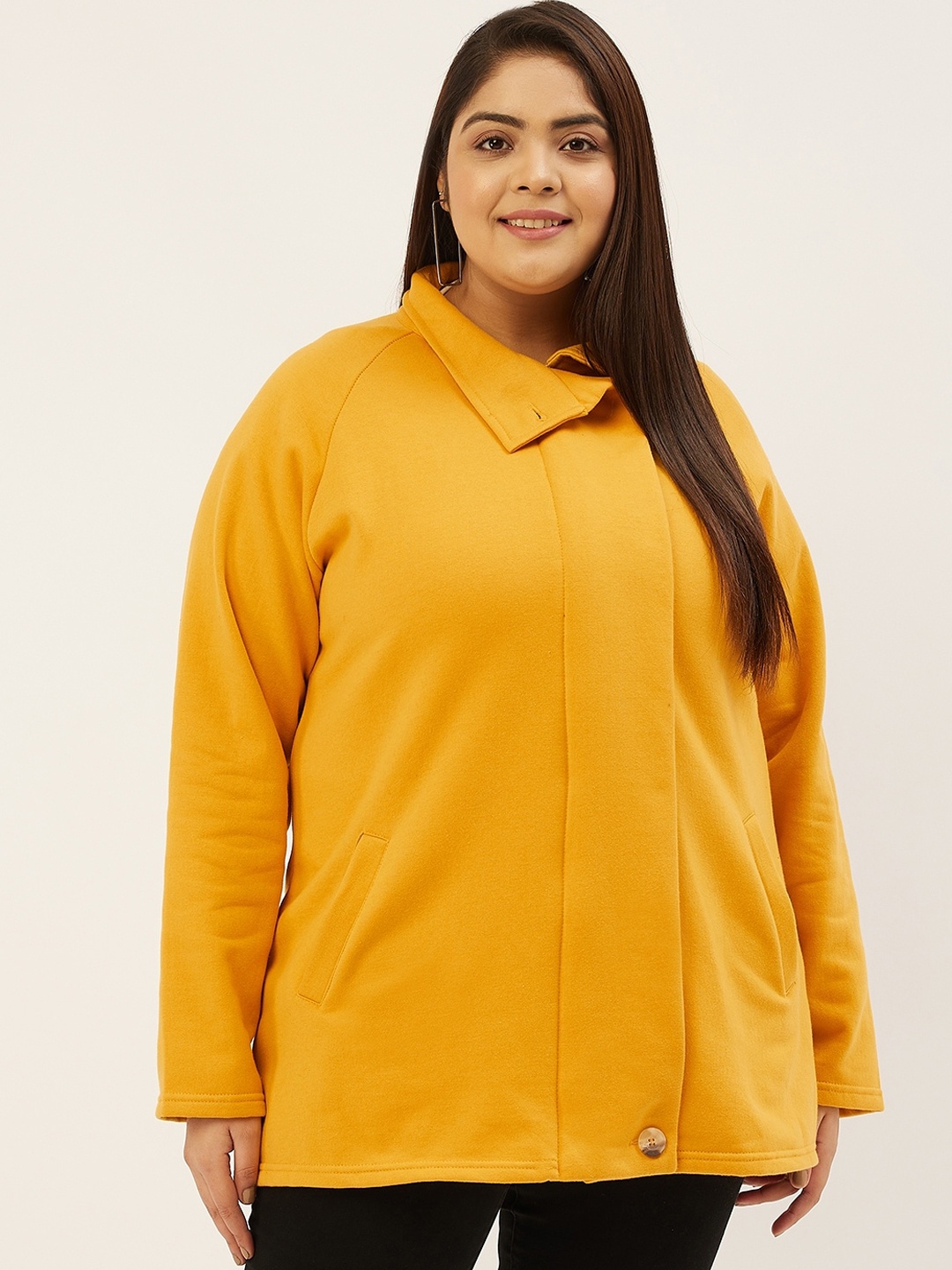 

theRebelinme Women Plus Size Mustard Fleece Longline Tailored Jacket