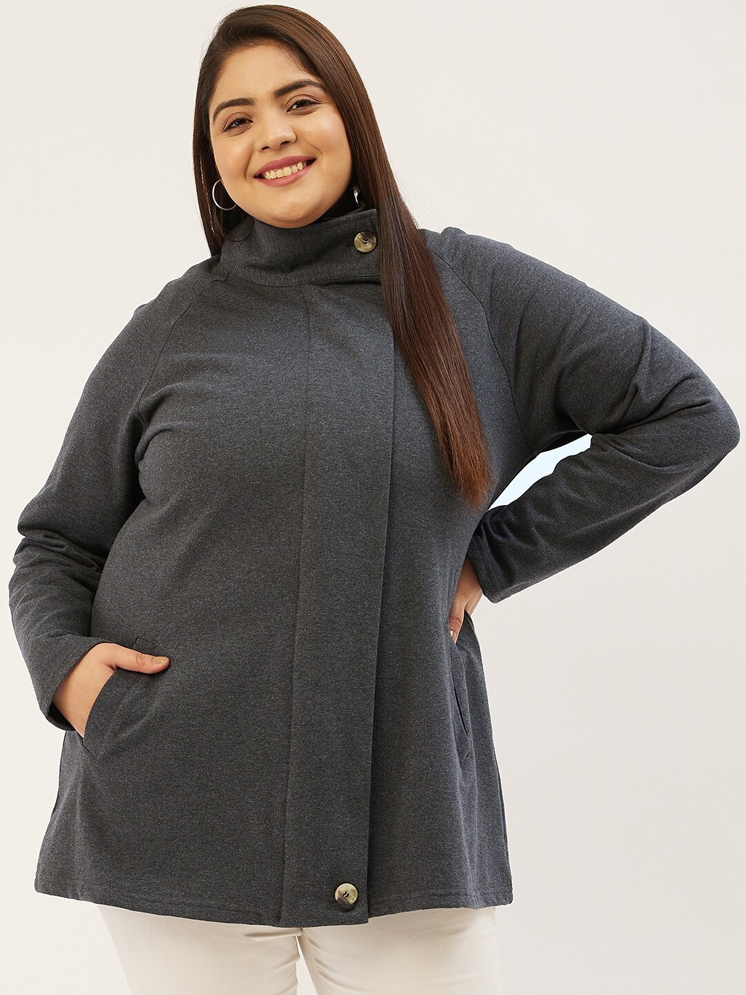 

theRebelinme Women Plus Size Charcoal Fleece Longline Tailored Jacket