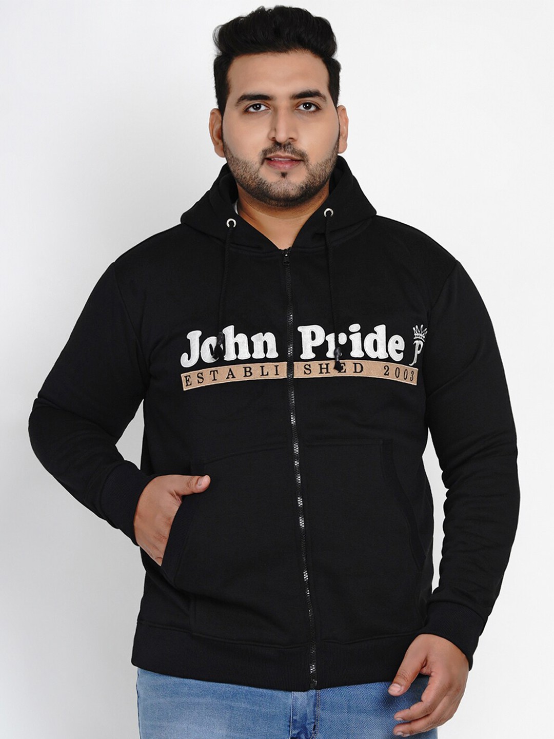 

John Pride Plus Size Men Black Printed Hooded Sweatshirt