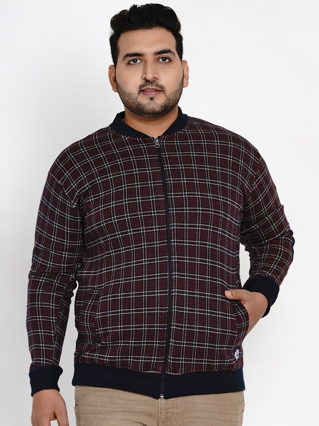 John Pride Plus Size Men Maroon Checked Sweatshirt
