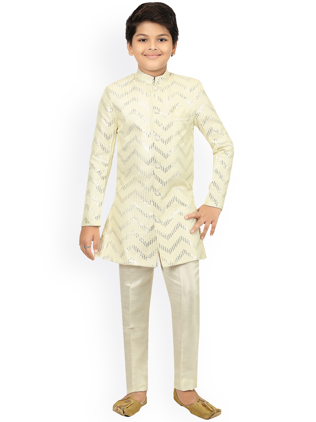 

ahhaaaa Boys Cream-Coloured Embroidered Sequinned Kurta with Pyjamas