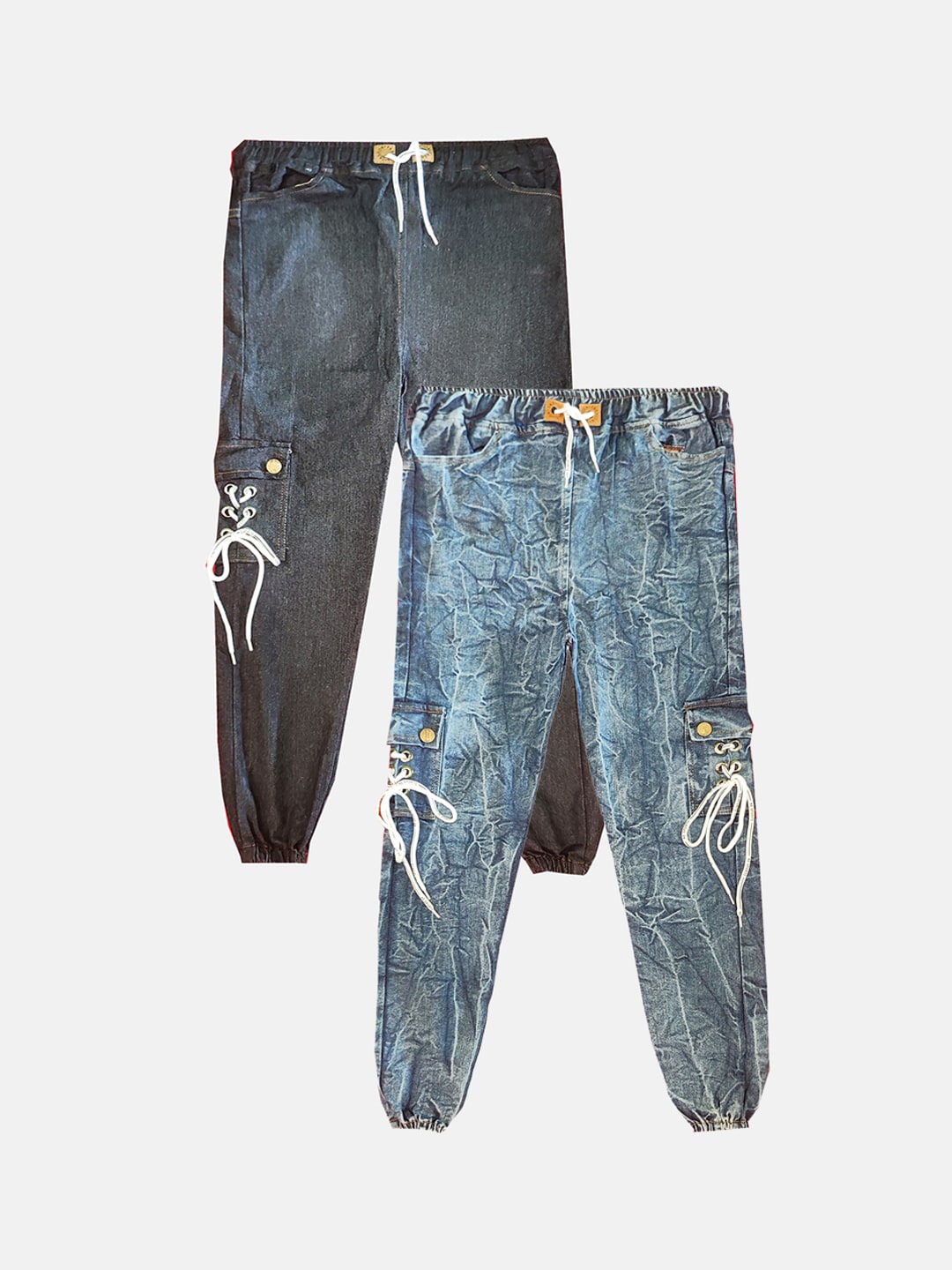 

PINVE Girls Pack Of 2 Narrow Jogger Mildly Distressed Heavy Fade Embellished Jeans, Blue
