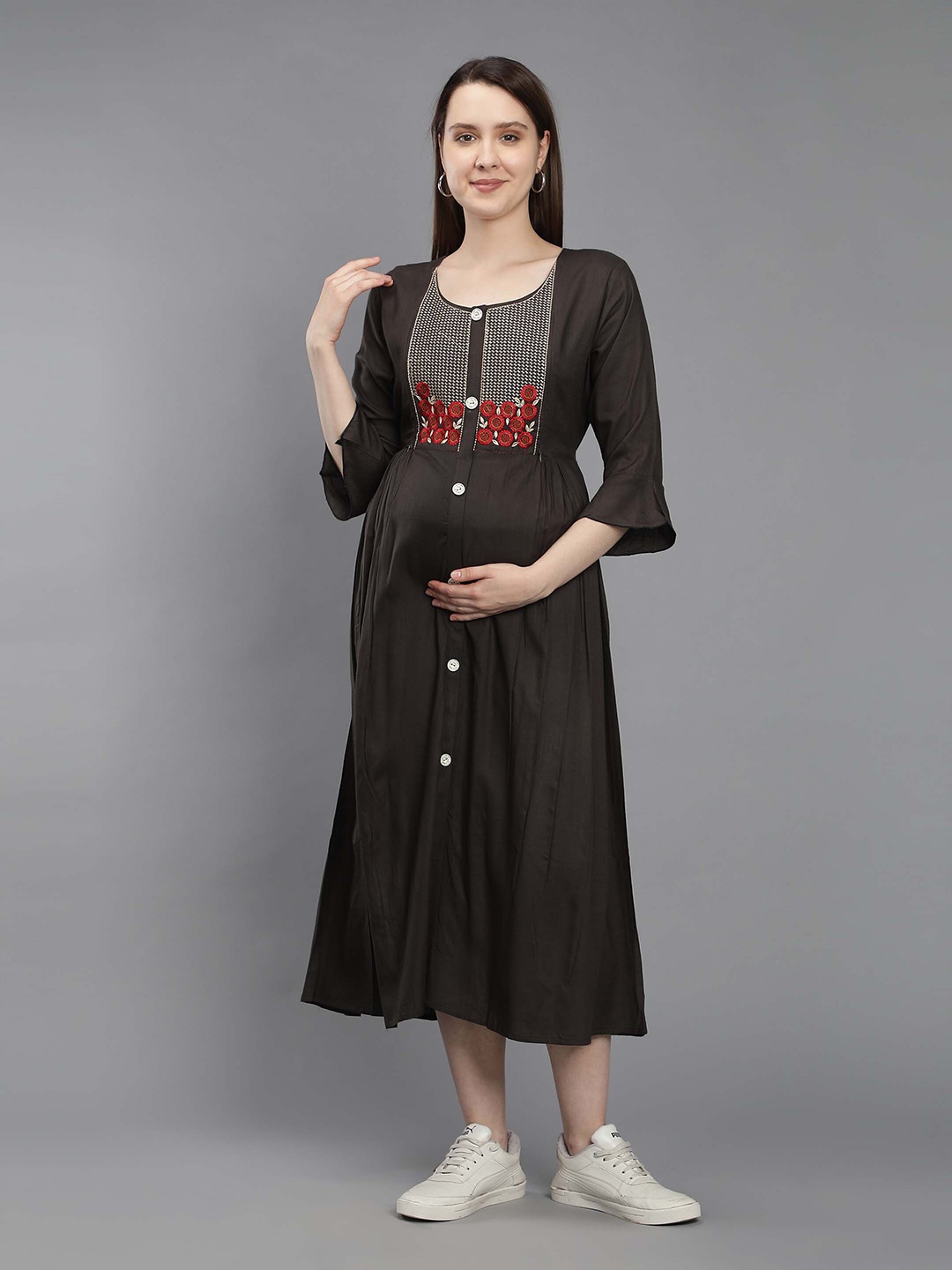 

NIGHTSPREE Women Brown Embellished Embroidered A-Line Midi Maternity Dress