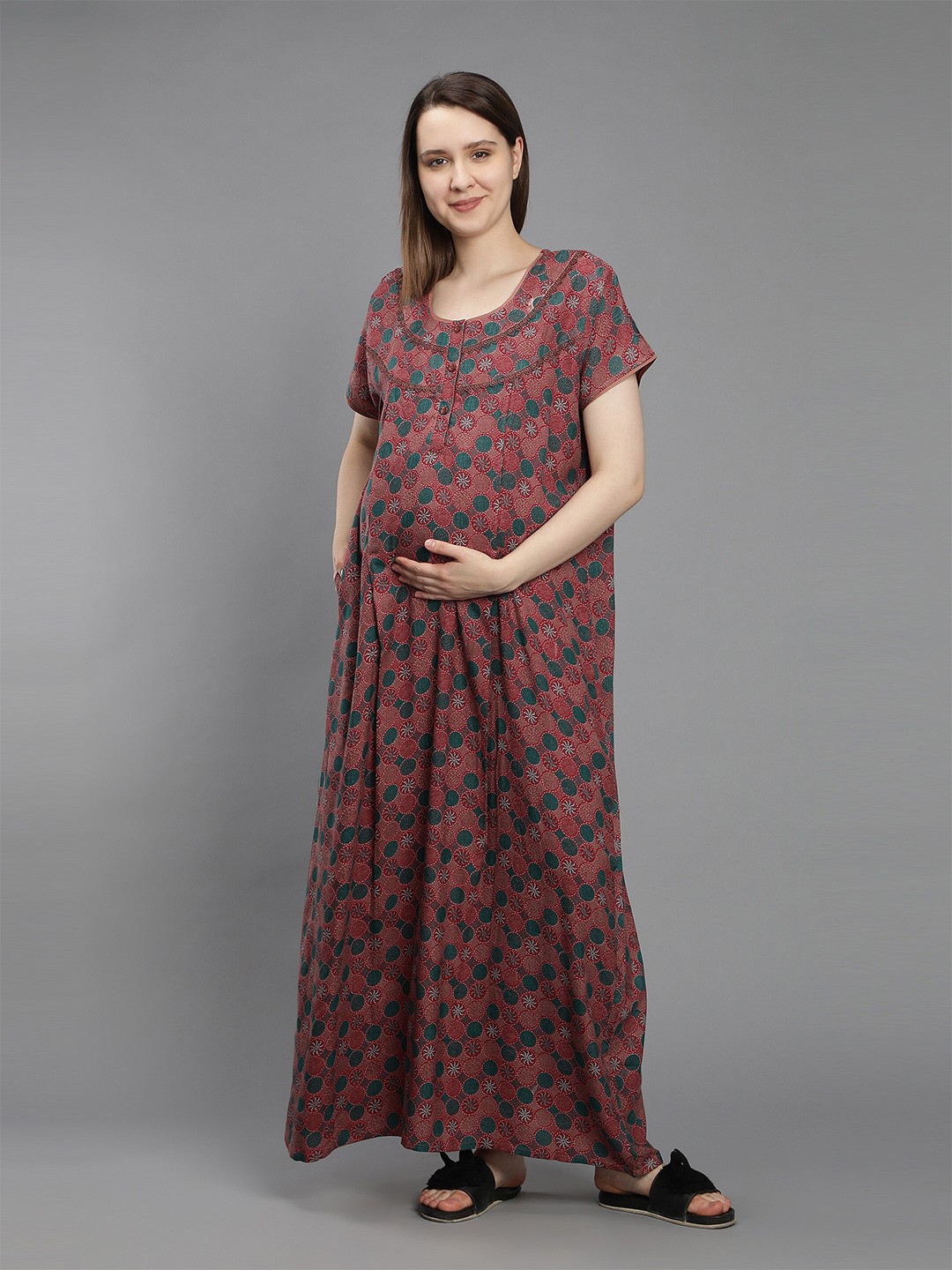

NIGHTSPREE Women Maroon Printed Maternity Cotton Maxi Nightdress