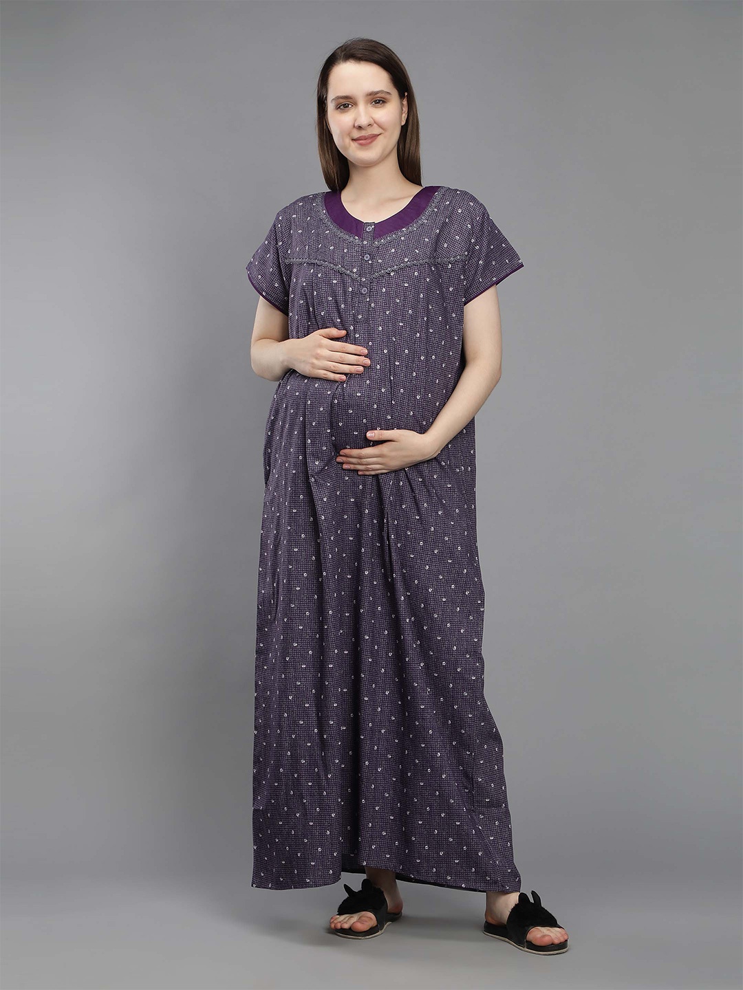 

NIGHTSPREE Women Purple Printed Maternity Cotton Maxi Nightdress