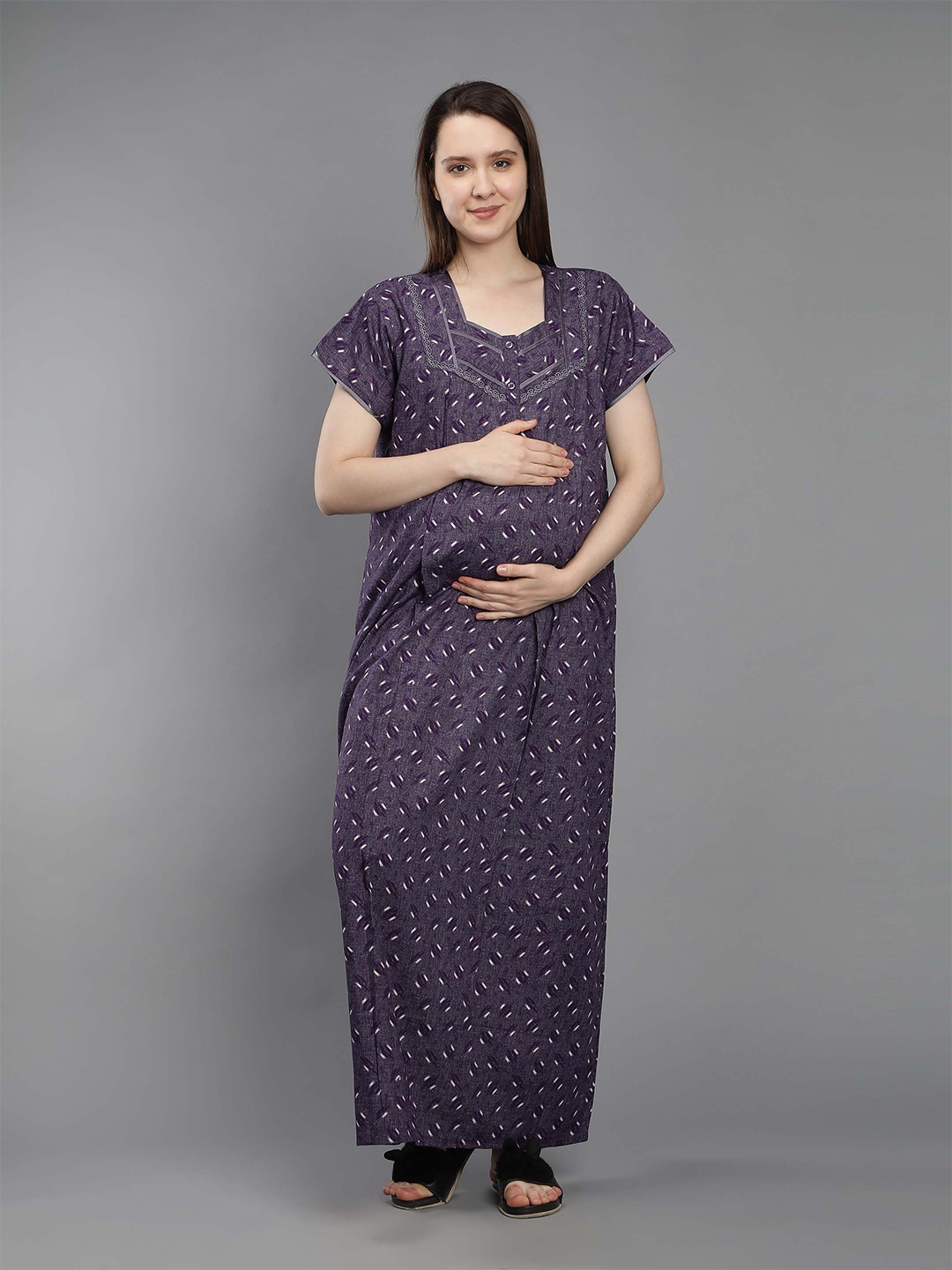 

NIGHTSPREE Women Purple Printed Maternity Cotton Maxi Nightdress