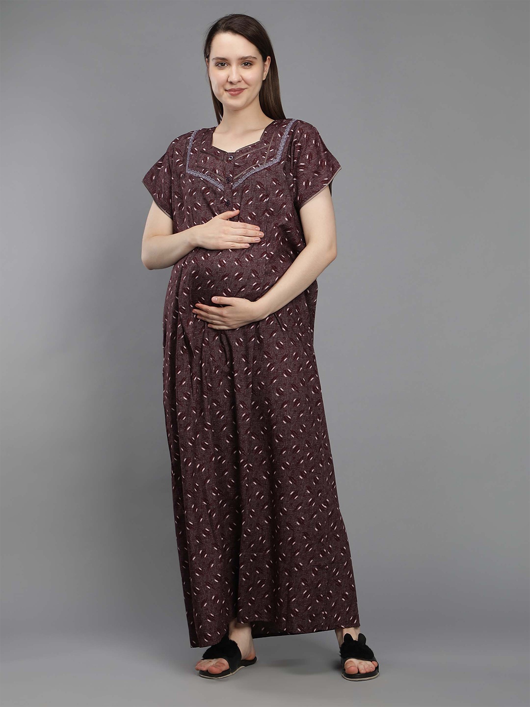 

NIGHTSPREE Women Maroon Printed Maternity Cotton Maxi Nightdress